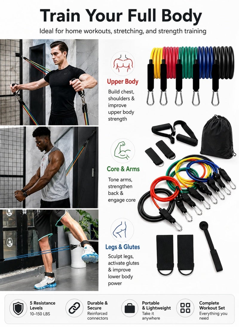 Leoxol Resistance Bands Set | 5 Level Stackable Exercise Bands With Handles Ankle Straps Door Anchor And Carry Bag | Natural Rubber Workout Bands For Fitness Pilates Physio - Image 3