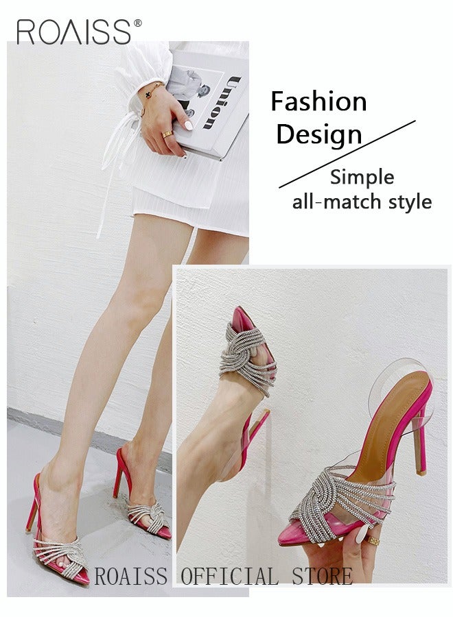 roaiss Women Rhinestone Decor Stiletto Heeled Pumps Glamorous Banquet Slingback Pumps Fashion Crystal High Heels Slip On Slingback Pointed Closed Toe Transparent PVC Dress Wedding Sandals Summer Shoes - Image 3