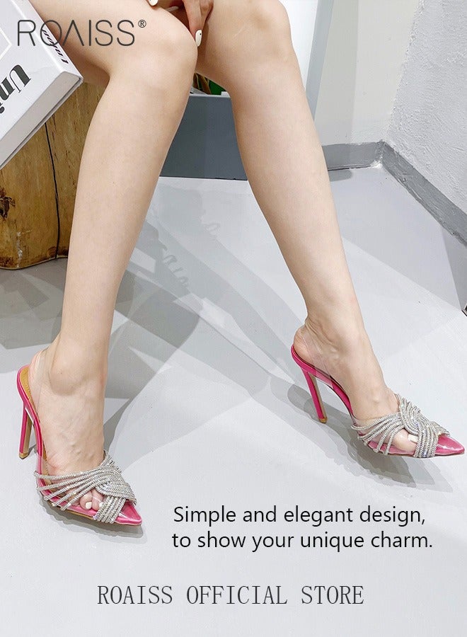 roaiss Women Rhinestone Decor Stiletto Heeled Pumps Glamorous Banquet Slingback Pumps Fashion Crystal High Heels Slip On Slingback Pointed Closed Toe Transparent PVC Dress Wedding Sandals Summer Shoes - Image 2