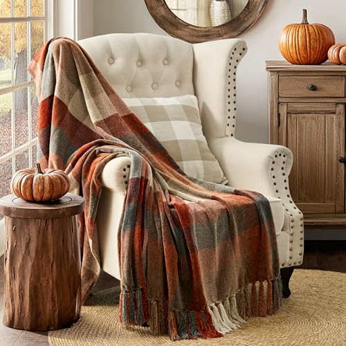 EVERGRACE Plaid Chenille Throw Blanket for Couch, Super Soft Cozy Decorative Fall Throw Blanket with Tassels for Bed Sofa Gift, Lightweight Harvest Plaid Throw Blanket for Autumn 50”x60” - Image 2