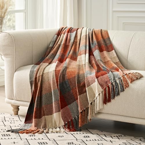 EVERGRACE Plaid Chenille Throw Blanket for Couch, Super Soft Cozy Decorative Fall Throw Blanket with Tassels for Bed Sofa Gift, Lightweight Harvest Plaid Throw Blanket for Autumn 50”x60” - Image 1