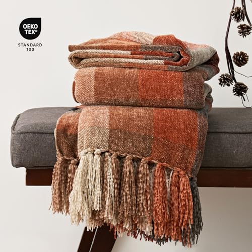 EVERGRACE Plaid Chenille Throw Blanket for Couch, Super Soft Cozy Decorative Fall Throw Blanket with Tassels for Bed Sofa Gift, Lightweight Harvest Plaid Throw Blanket for Autumn 50”x60” - Image 4
