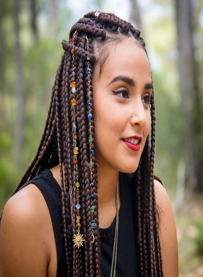 FRESHME Hair Charms for Braids - 2PCS Long Colorful Natural Stone Loc Jewelry for Black Women with Sun Moon Pendants Dreadlock Hair Cuffs Rings for Renaissance Renfaire Festival Hairstyle Decoration - Image 3