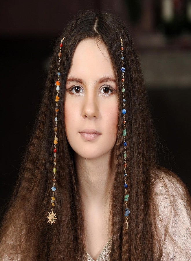 FRESHME Hair Charms for Braids - 2PCS Long Colorful Natural Stone Loc Jewelry for Black Women with Sun Moon Pendants Dreadlock Hair Cuffs Rings for Renaissance Renfaire Festival Hairstyle Decoration - Image 2
