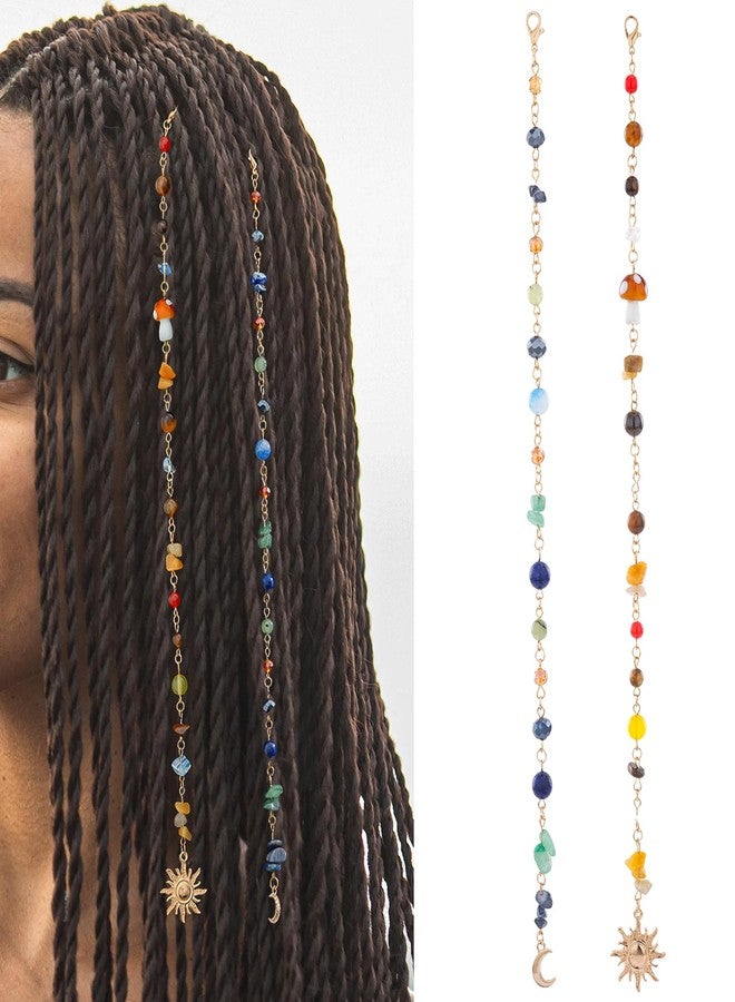 FRESHME Hair Charms for Braids - 2PCS Long Colorful Natural Stone Loc Jewelry for Black Women with Sun Moon Pendants Dreadlock Hair Cuffs Rings for Renaissance Renfaire Festival Hairstyle Decoration - Image 1
