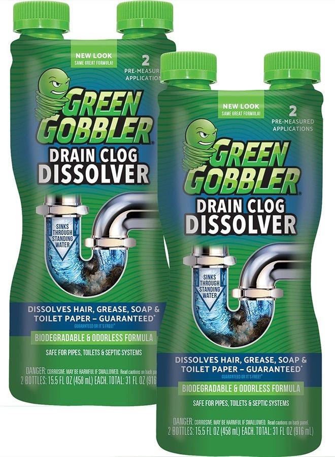 Green Gobbler مزيل انسداد الشعر السائل والمنظف، للمراحيض، الأحواض، الحمامات - آمن للصرف الصحي، عبوتين - Image 1