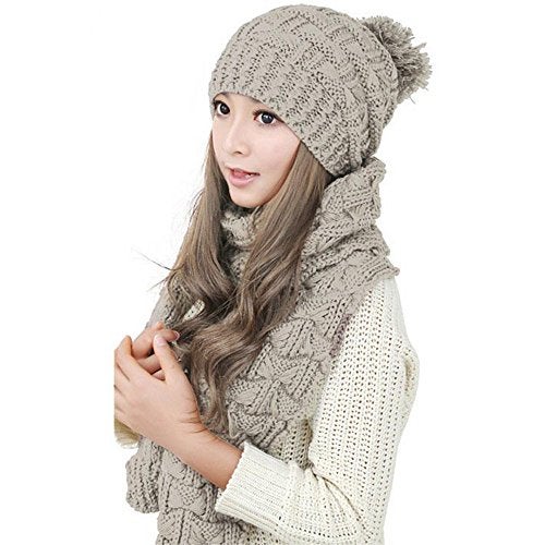 HANERDUN Women Girls Fashion Winter Warm Knitted Hat Beanie Hat Scarf Set Beige - Image 1