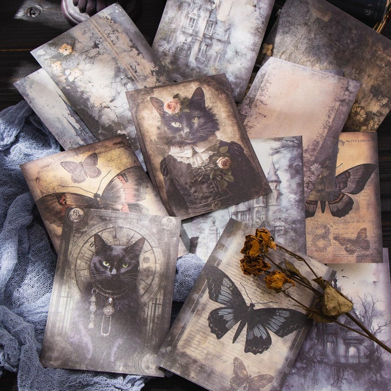 YOKSAS 180 Sheets Dark Fantasy Gothic Vintage Cat Rose Decoupage Paper for Scrapbooking, Collage Art Projects, Antique Graveyard & Haunted Castles, Vintage Halloween Junk Journal Craft Paper - Image 1