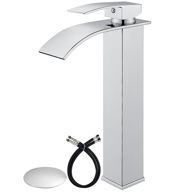 Airuida Vessel Sink Faucet Chrome Polish Tall Waterfall Bathroom Sink Faucet Single Handle Single Hole Bathroom Faucet One Hole Lavatory Vanity Mixer Tap With Pop Up Drain And Supply Hoses - Image 1