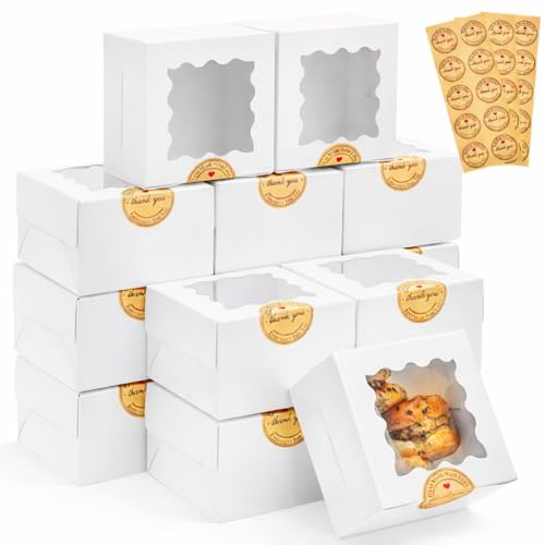 Homrelaxy 30pcs White Cookie Boxes with Window, 4x4x2.5 Inches Small Bakery Boxes with Stickers, for Mini Cake, Macaroon, Cupcakes, Treat Dessert, Candy, Donuts, Cookies, Strawberries, Chocolate - Image 1