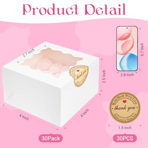 Homrelaxy 30pcs White Cookie Boxes with Window, 4x4x2.5 Inches Small Bakery Boxes with Stickers, for Mini Cake, Macaroon, Cupcakes, Treat Dessert, Candy, Donuts, Cookies, Strawberries, Chocolate - Image 2