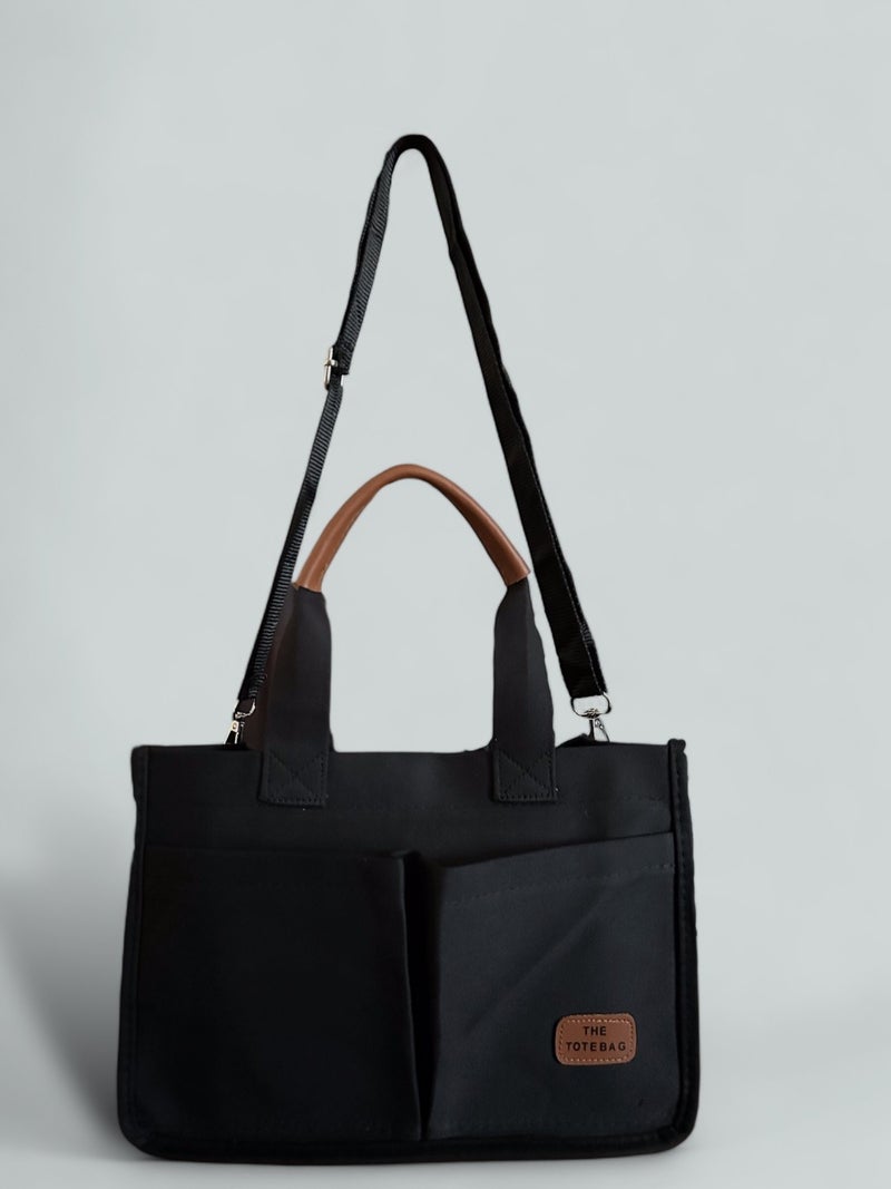 Gabiess Women Canvas Fabric Black Color Two Piece Front Pocket Tote Bag Hand and Shoulder Bag  - Image 2