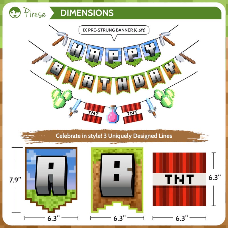 Pirese Pixel Birthday Decorations - Gaming Themed Happy Birthday Banner With Tnt And Sword Foil Balloons For Pixel Party Decorations - Ultimate Party Supplies Kit With Balloons And Birthday Sign - Image 3