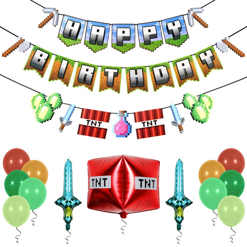 Pirese Pixel Birthday Decorations - Gaming Themed Happy Birthday Banner With Tnt And Sword Foil Balloons For Pixel Party Decorations - Ultimate Party Supplies Kit With Balloons And Birthday Sign - Image 1