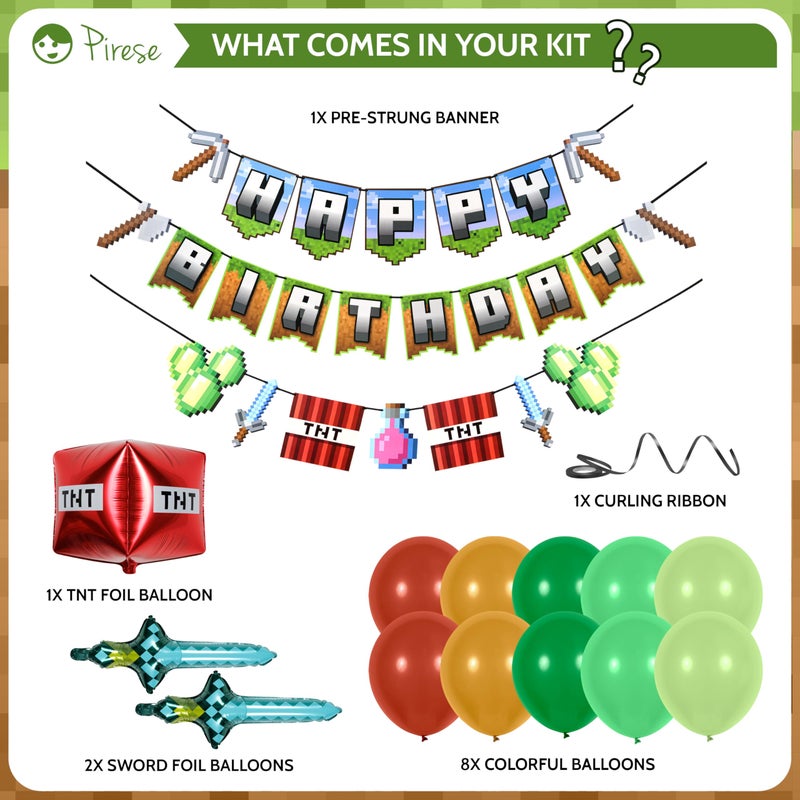 Pirese Pixel Birthday Decorations - Gaming Themed Happy Birthday Banner With Tnt And Sword Foil Balloons For Pixel Party Decorations - Ultimate Party Supplies Kit With Balloons And Birthday Sign - Image 2