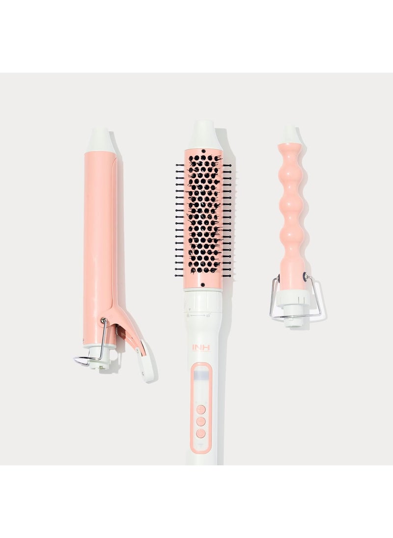 INH INH Hair 3in1 Quick Change Styler  Interchangeable Styling Tool with 3 Detachable Heads Thermal Round Brush Clamp Curling Iron and Bubble Barrel 