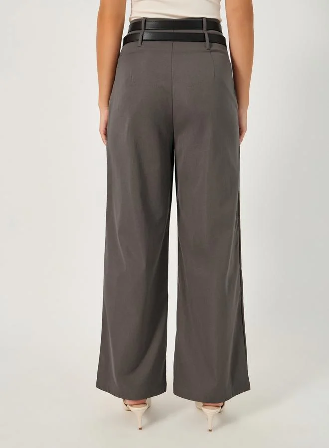 Styli Wide Waistband Pants with Cross Over Belt Detail