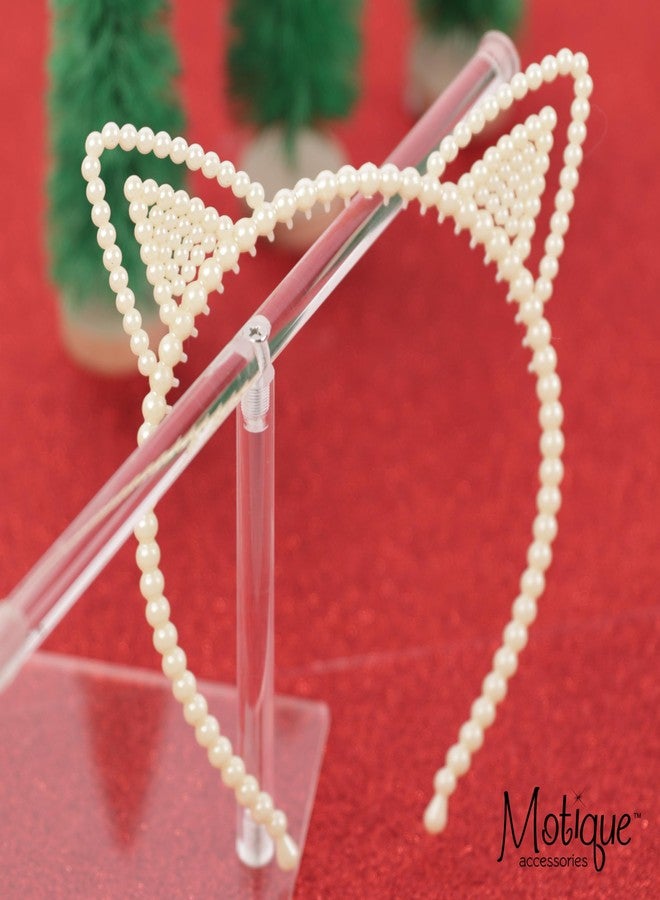 موتيك أكسيسوريز طوق رأس للبنات من موتيك أكسسوارات، أبيض اللون، مزين باللؤلؤ الصناعي، طوق شعر للزينة (أذني قطة، مقاس واحد) - Image 2