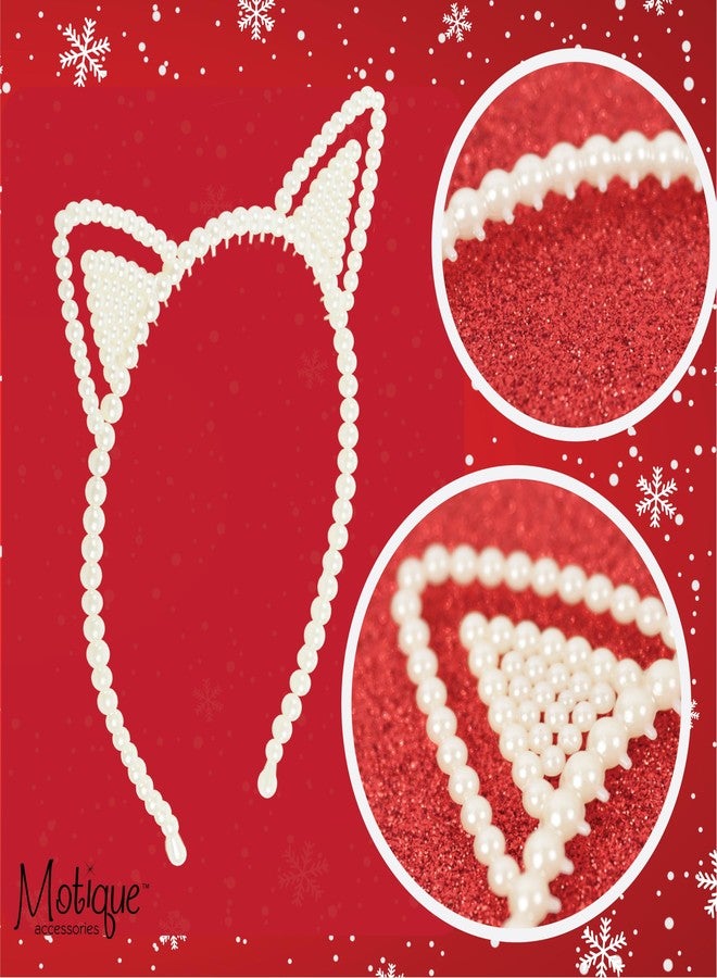 موتيك أكسيسوريز طوق رأس للبنات من موتيك أكسسوارات، أبيض اللون، مزين باللؤلؤ الصناعي، طوق شعر للزينة (أذني قطة، مقاس واحد) - Image 3