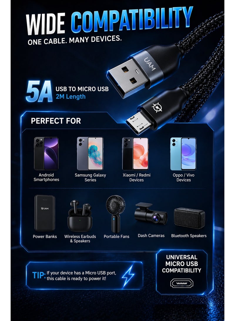كابل USB إلى Micro USB للشحن السريع 5 أمبير بطول 2 متر - كابل بيانات ومزامنة متين ومضفر من النايلون - Image 2