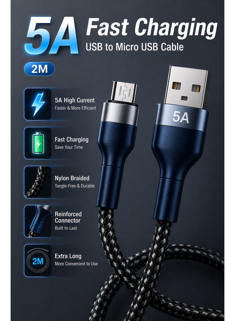 كابل USB إلى Micro USB للشحن السريع 5 أمبير بطول 2 متر - كابل بيانات ومزامنة متين ومضفر من النايلون - Image 3