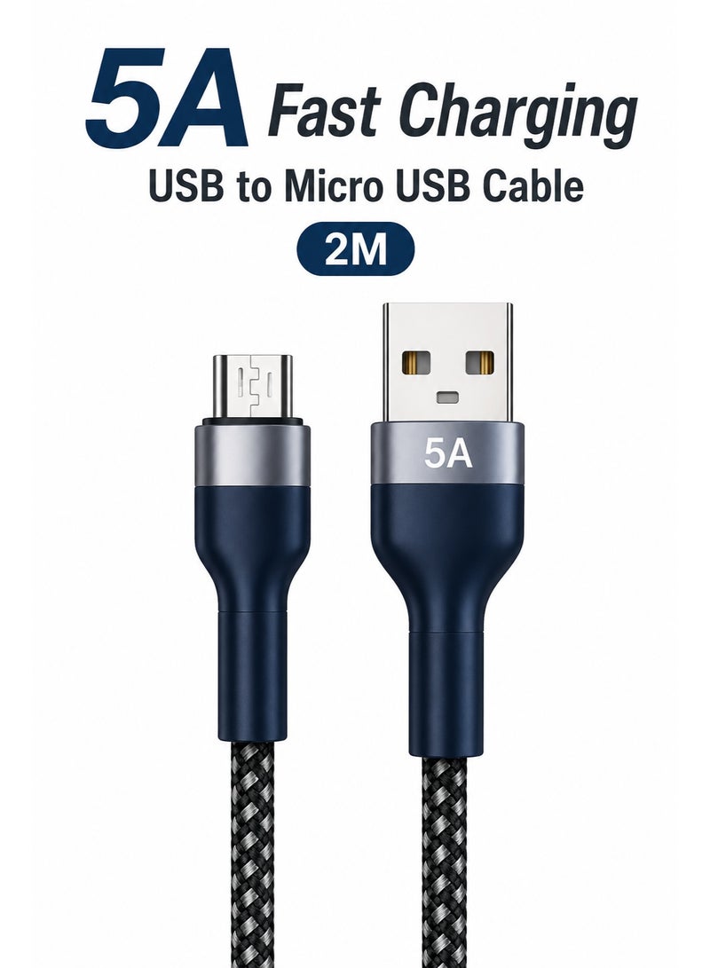 كابل USB إلى Micro USB للشحن السريع 5 أمبير بطول 2 متر - كابل بيانات ومزامنة متين ومضفر من النايلون - Image 1