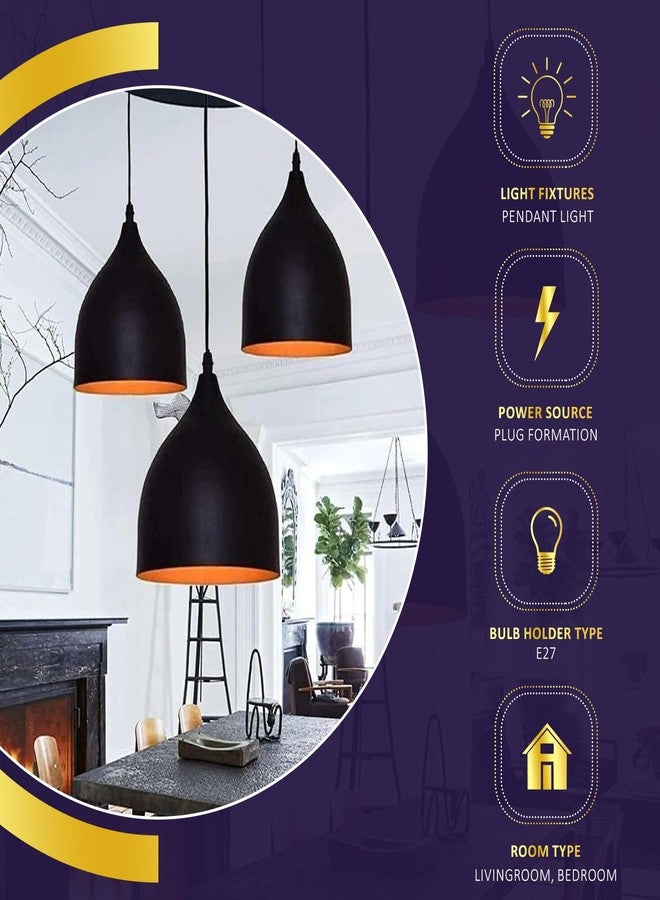 Lexton 3 Lights Linear Round Dome Hanging Ceiling Pendant Light | for Bedroom, Kitchen, Restaurant, Indoor Outdoor or Home Decoration (Black, Aluminium, 3 Pieces) (Bulb Not Included) - Image 3