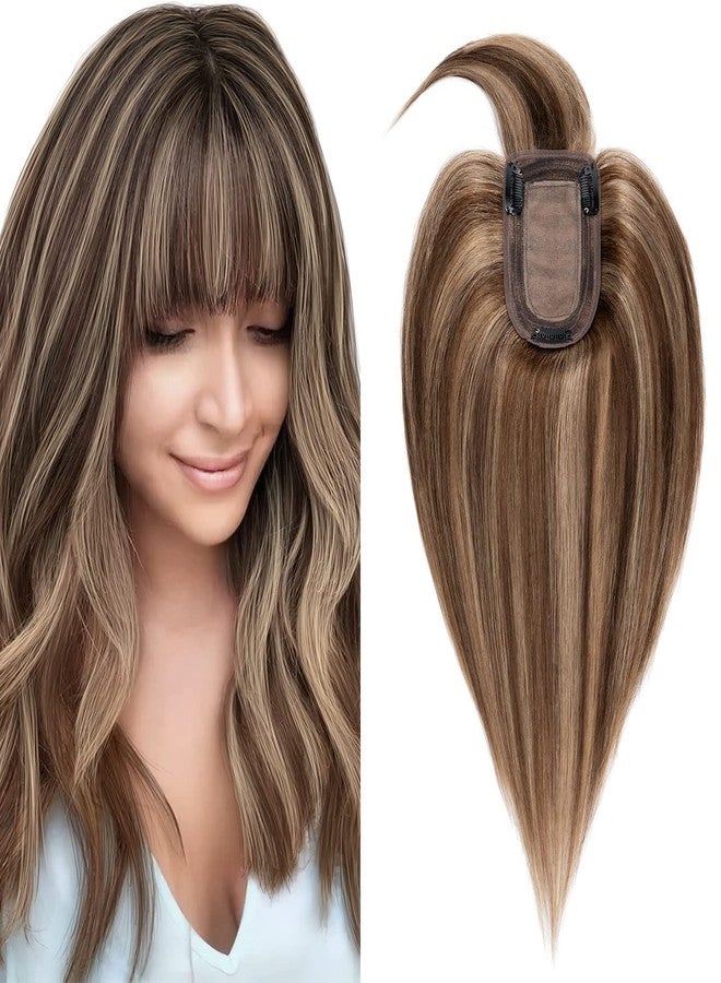 SEGO Hair Toppers for Women Real Human Hair with Thinning Hair, Toppers Hair Pieces Clip in Toppers Straight Hair Pieces with Front Bangs -14 Inch #4/27 Medium Brown Mix Dark Blonde - Image 1