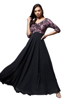 Miss Chase Miss Chase Women's Sweet Heart Neck 3/4th Sleeve Self Design Fit & Flare Maxi Dress (MCSS23D79-06-245-06, Black and Lavender, XL)  - Image 1