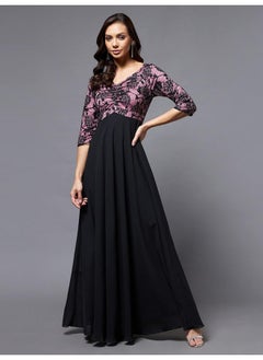 Miss Chase Miss Chase Women's Sweet Heart Neck 3/4th Sleeve Self Design Fit & Flare Maxi Dress (MCSS23D79-06-245-06, Black and Lavender, XL)  - Image 2