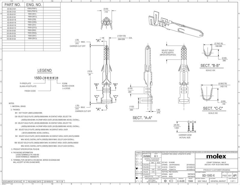 Molex Pin, Male & Female .062" 18-24 AWG, Series 1561 Tin (Sn) Plated Brass Contact (40 Pair) - Image 3