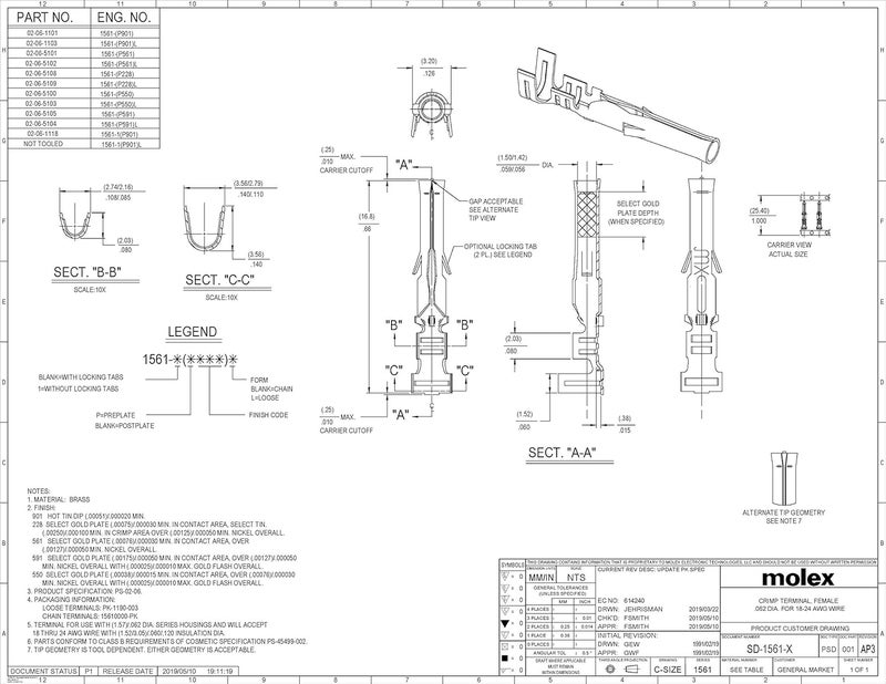 Molex Pin, Male & Female .062" 18-24 AWG, Series 1561 Tin (Sn) Plated Brass Contact (40 Pair) - Image 2