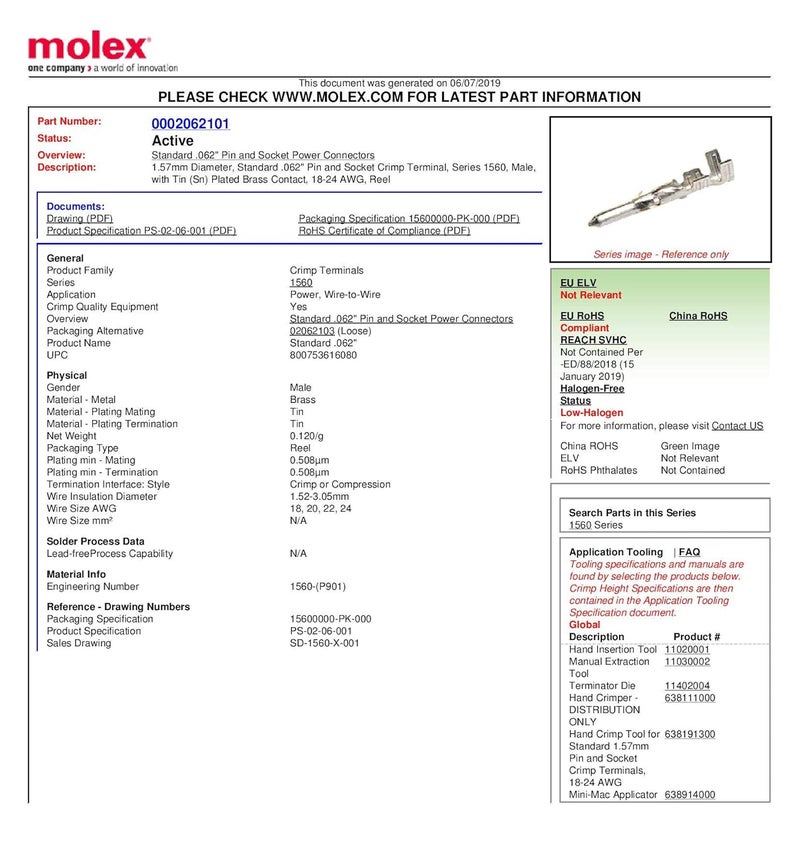 Molex Pin, Male & Female .062" 18-24 AWG, Series 1561 Tin (Sn) Plated Brass Contact (40 Pair) - Image 5