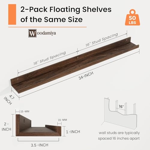 WOODAMIYA® Wooden Wall Mounting Shelves for Decorative Wall Shelf for Books, Décor, and Display - Elegant Space-Saving Design (Teak Finish, 34 INCH) - Image 2