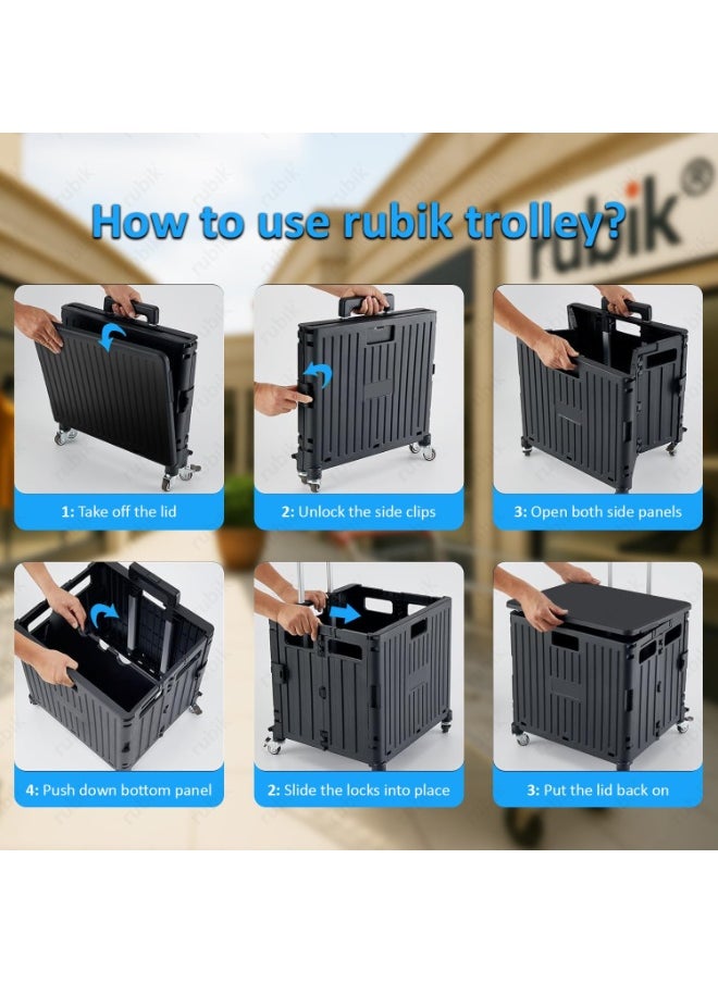Rubik 50L Shopping Trolley with Lid and 360 Degree Swivel Wheels, Foldable Heavy Duty Grocery Storage Utility Rolling Hand Cart for Daily Use (Black)  - Image 5