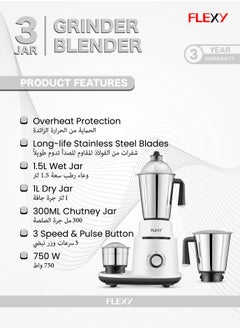 Flexy 750W Powerful mixer Grinder Blender with 3 Stainless Steel Jars - 3-in-1 Functionality  - Image 2