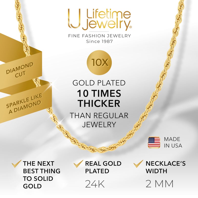 LIFETIME JEWELRY 2mm Gold Rope Chain for Men & Women 24k Real Gold Plated Diamond Cut Gold Necklace for Women & Necklace for Men 14 to 36 Inch | Gold | White Gold (20 inches, Gold) - Image 2