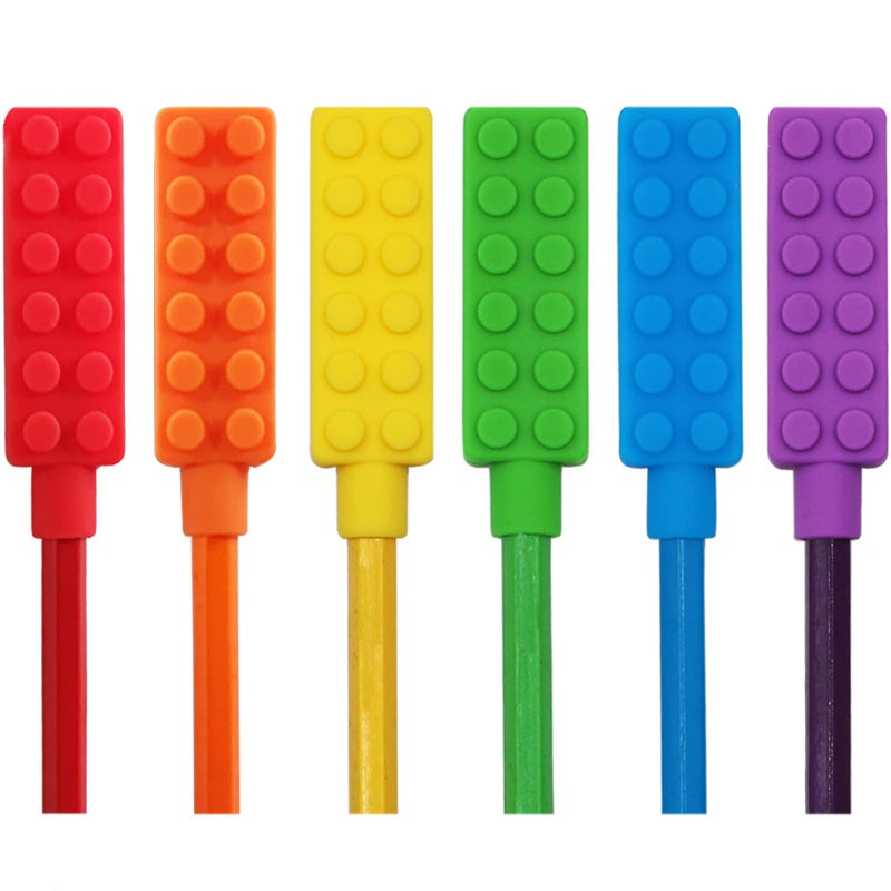 Atsky Chewable Pencil Toppers for Sensory Kids Boys and Girls (6 Pack), Silicone Rainbow Chew Toys for Chewers with Special Oral Motor Needs, Chewing Brick Tools Fidget Stim Toy for Autism Children Student - Image 1