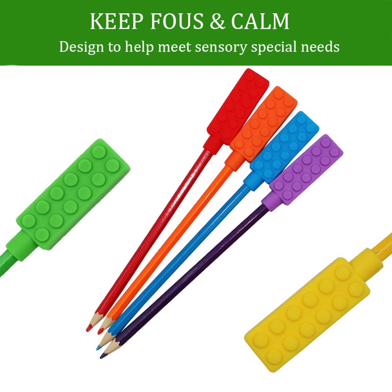 Atsky Chewable Pencil Toppers for Sensory Kids Boys and Girls (6 Pack), Silicone Rainbow Chew Toys for Chewers with Special Oral Motor Needs, Chewing Brick Tools Fidget Stim Toy for Autism Children Student - Image 5