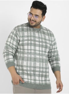 Instafab Plus Men's Olive Green Tartan Plaid Knitted Pullover Sweater  - Image 1