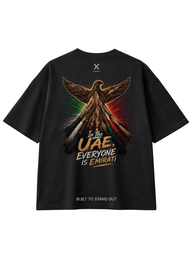 NOMAiX Everyone is Emirati T-Shirt │ Unity Hands Falcon Art Tee │ UAE Cultural Limited Edition │ Oversized │ Made in UAE - Image 1