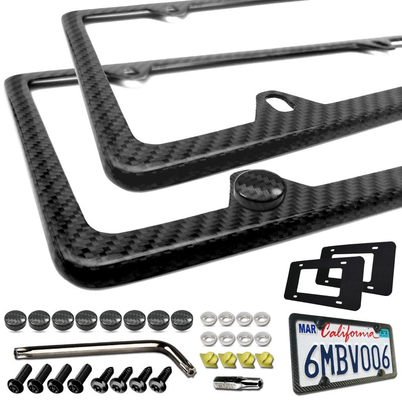 BGGTMO Carbon Fiber License Plate Frames - 100% Real Carbon Cloth Wrapped Stainless Steel Metal, Slim Car Tag Holder with Anti-Theft Screws & Caps (2 Pack 4 Hole) - Image 1