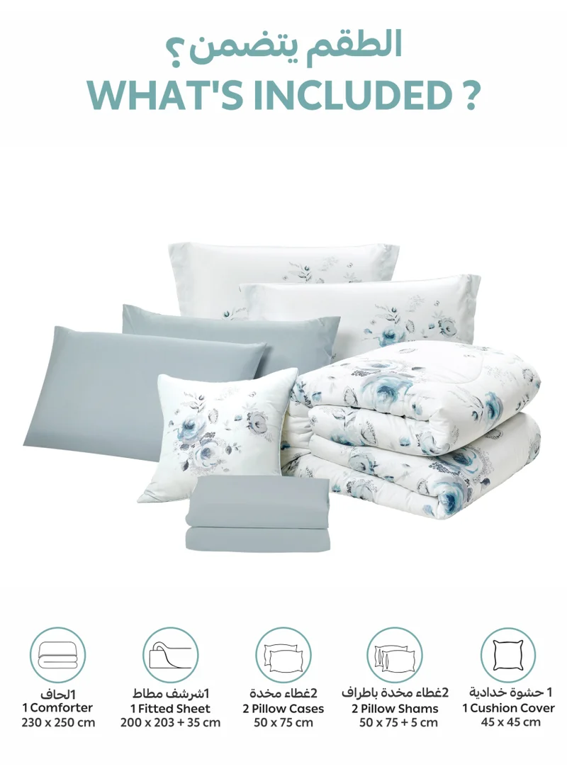 Donetella Bedding Comforter Set, King Size Fits 200x200 cm - 7-Pcs Digital Print Quilted Bed Set, Microfiber Fabric - 1 Comforter, 1 Fitted Sheet, 2 Pillow Shams, 2 Pillowcases 1 Cushion Cover.