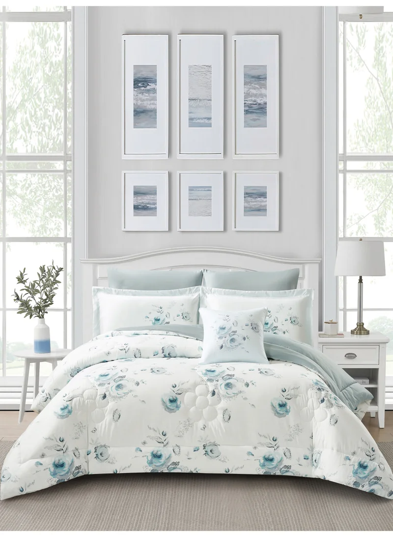 Donetella Bedding Comforter Set, King Size Fits 200x200 cm - 7-Pcs Digital Print Quilted Bed Set, Microfiber Fabric - 1 Comforter, 1 Fitted Sheet, 2 Pillow Shams, 2 Pillowcases 1 Cushion Cover.
