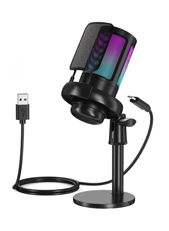 Microphones PC, Gaming Microphone for PS4 PS5, RGB USB C Podcast Microphones with Mute Button, Tripod, Pop Filter, Shock Mount for Streaming, Gaming Setup