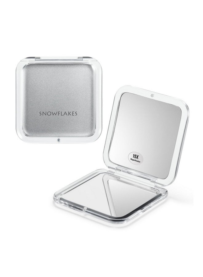 سنوفلاكس سنوفلاكس مرآة مكبرة مدمجة للسفر ورقاقات الثلج مرآة جيب صغيرة تكبير 1X/15X مرايا مستحضرات تجميل محمولة للسفر والمحافظ (فضية) - Image 1