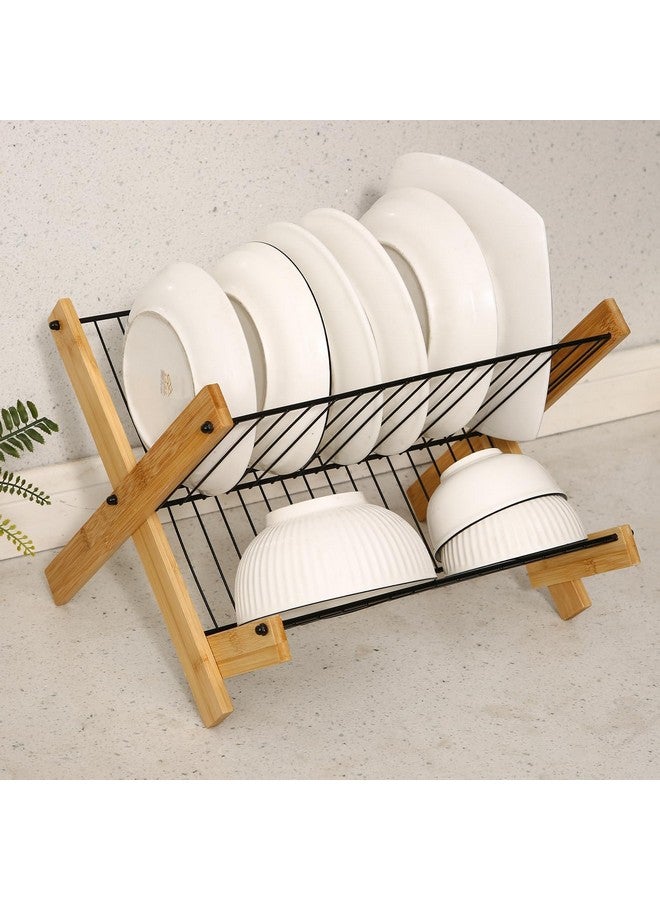 Home-Cloud رف تجفيف الأطباق القابل للطي من هوم كلاود لمطبخك، 2 طبقة من الخيزران، رف تخزين الأطباق القابل للطي لتوفير المساحة (أسود) - Image 1