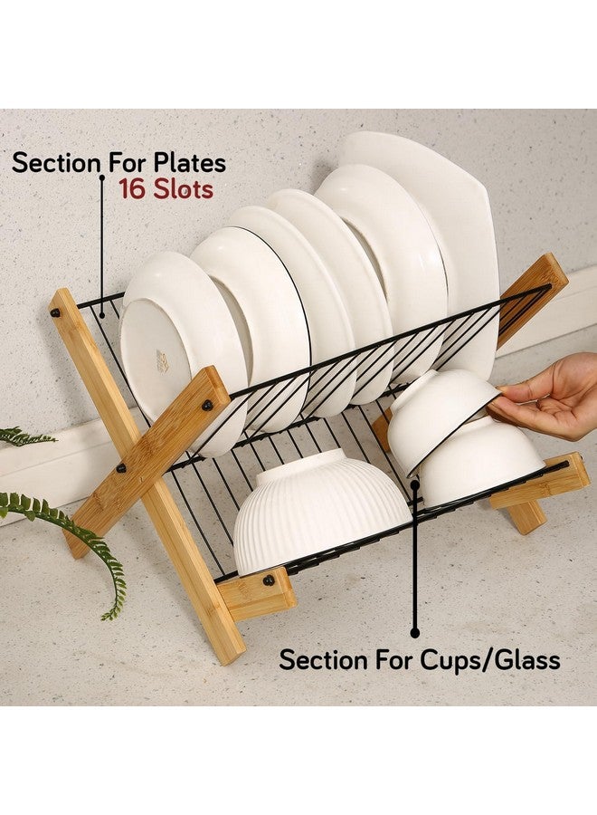 Home-Cloud رف تجفيف الأطباق القابل للطي من هوم كلاود لمطبخك، 2 طبقة من الخيزران، رف تخزين الأطباق القابل للطي لتوفير المساحة (أسود) - Image 3