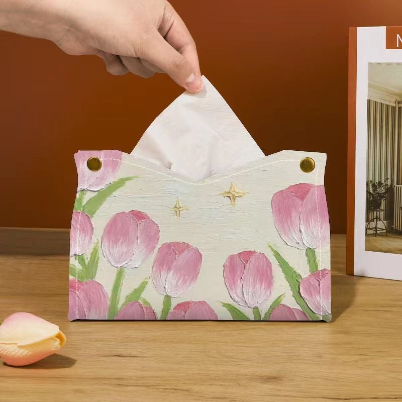 Leather Car Tissue Holder with Tulip Print - Image 2