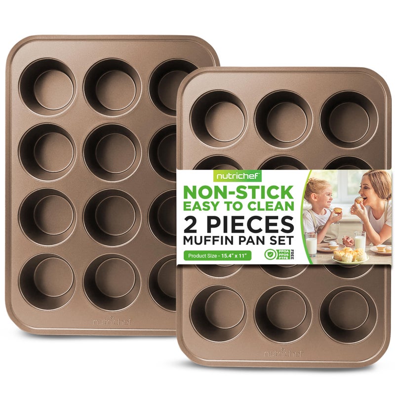 NutriChef 2Piece Nonstick Muffin Pan Set Carbon Steel Cupcake Baking Pans with 12 Cups 15 inch x 11 inch Baking Tray Set Gold